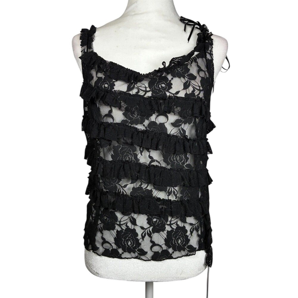 Buffalo By David Button Black Ruffled Floral Mesh Tank Size Large